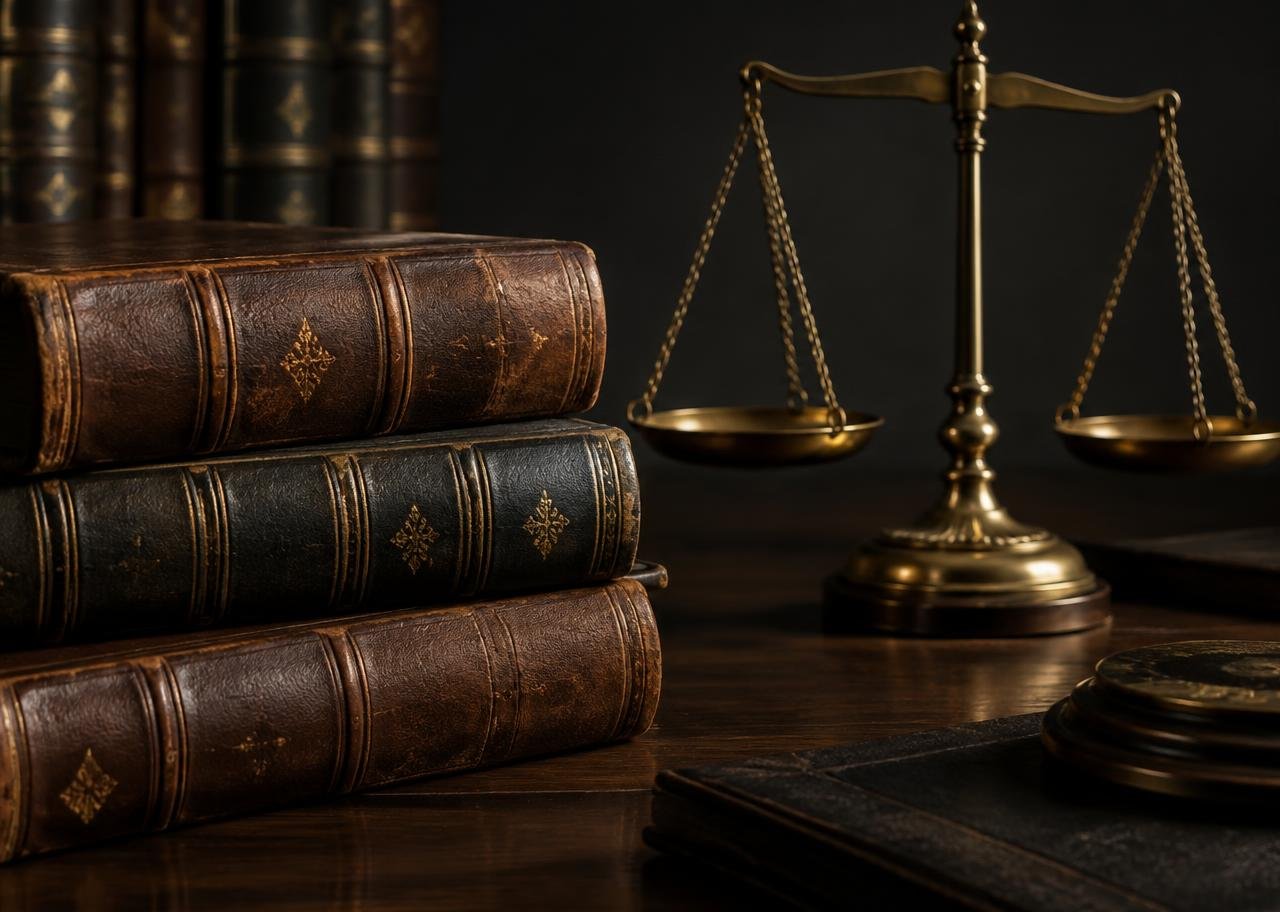 Leather-bound law books beside a brass scale of justice